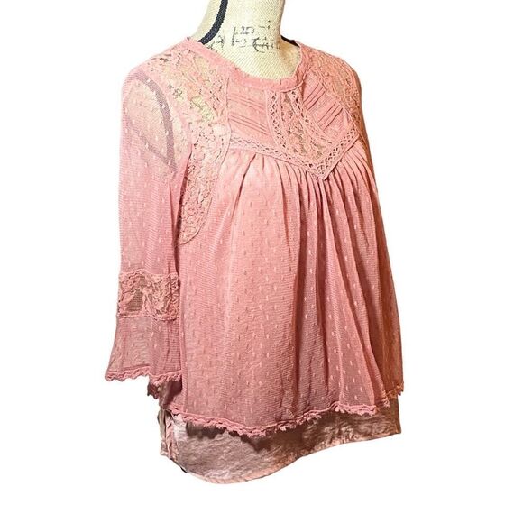 Free People Sheer Modern Romance Lace Blouse Deco Pink - Picture 3 of 7